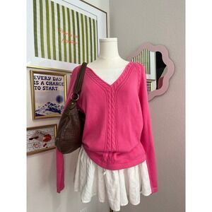 Crazy Horse Liz Claiborne Hot Pink V-Neck Cable Knit Cotton Sweater Medium